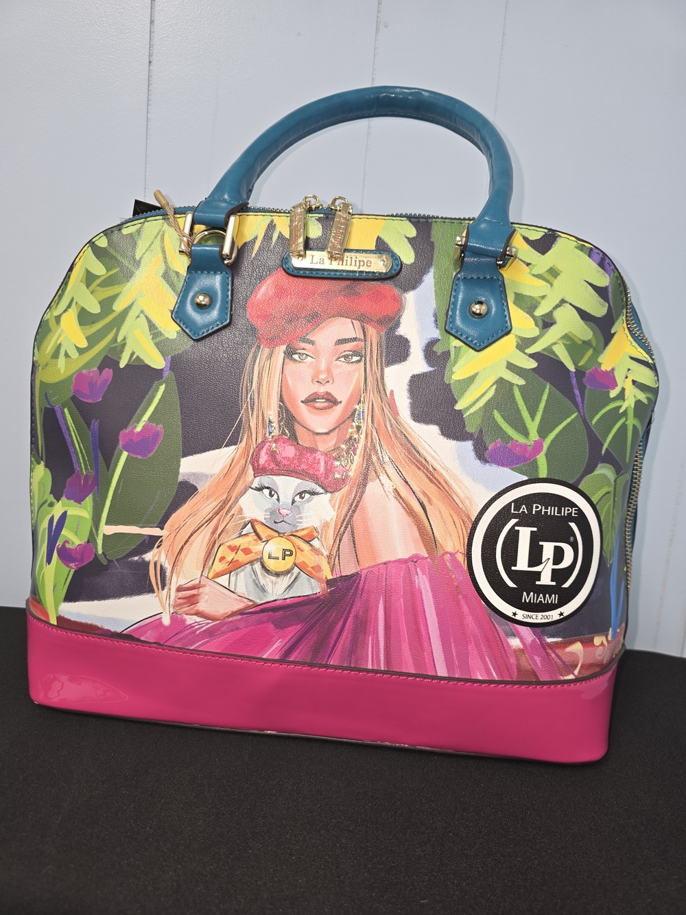 La Philipe Miami Floral Illustration Dome Satchel - Pink/Teal